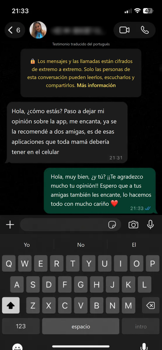 Testimonio de mamá traducido del portugués al español